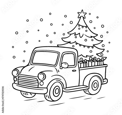 Vintage Christmas Truck. Holiday Pickup with Gifts and Christmas tree.