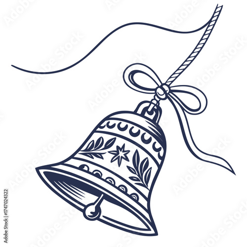 Single dark blue sleigh bell on string with ribbon