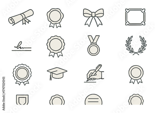 Collection of certification icons — diploma, medal, ribbon, signature, laurel, award, graduation cap