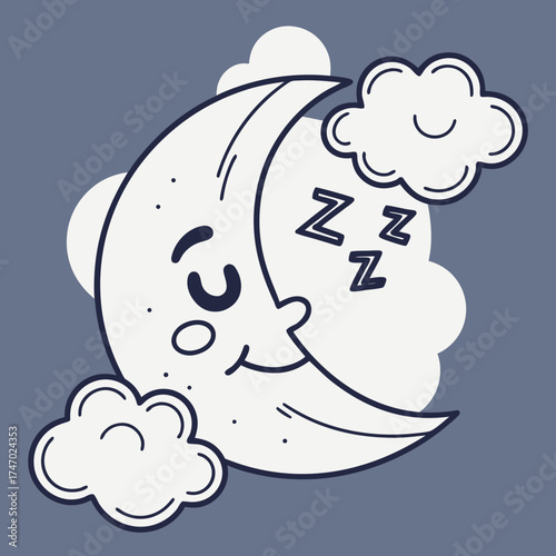 Sleeping crescent moon with clouds and zzz symbols