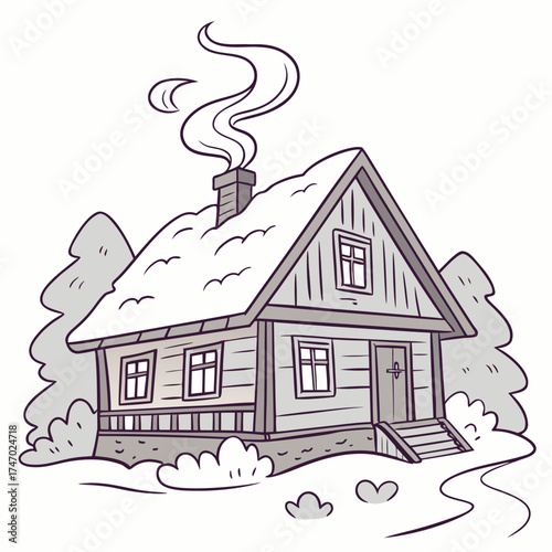 Snow covered cottage with chimney smoke vector illustration