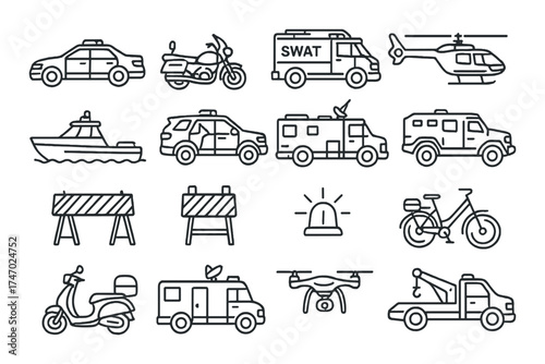 Emergency vehicles and equipment icons set: police, swat, fire, helicopter, and more