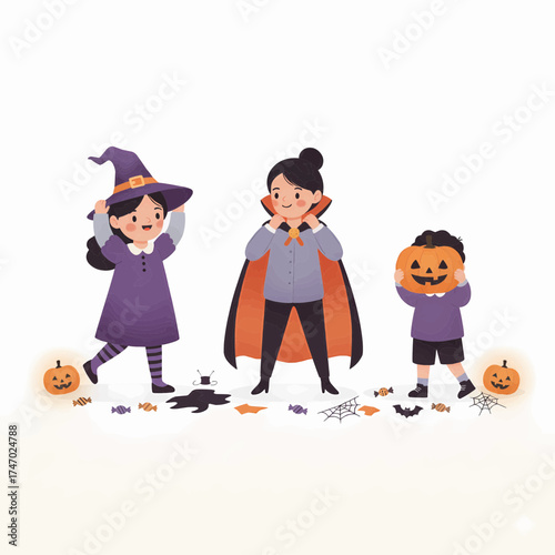 Happy Children in Halloween Costumes with Pumpkins and Candy