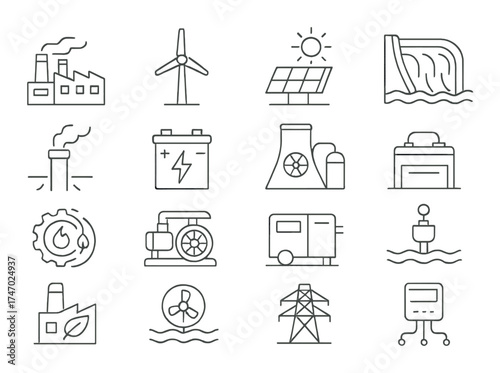 Renewable energy icons set featuring solar, wind, hydroelectric, and more