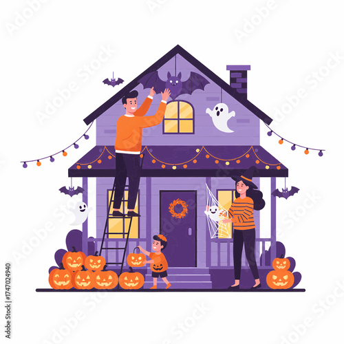 Happy Family Decorating Home for Halloween with Spooky Decorations and Pumpkins