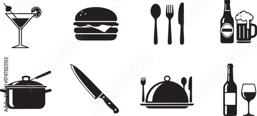 Collection of nine black and white icons representing food, drink, and kitchenware, isolated on a transparent background
