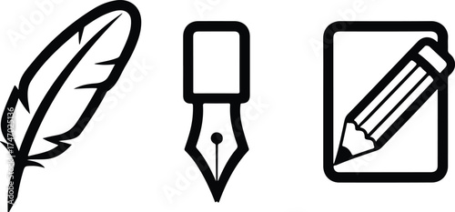 Three simple black and white icons representing writing tools a quill pen, a fountain pen nib, and a pencil writing on paper, isolated on a transparent background