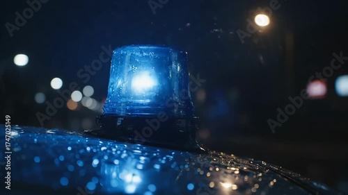 Police Emergency Lights at Night - A close-up of a police car's blue emergency light, wet from rain, is shown against a dark urban background.