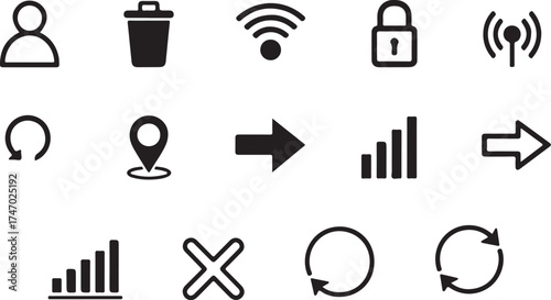 A grid of various black and white icons representing common digital functions and actions, isolated on a transparent background