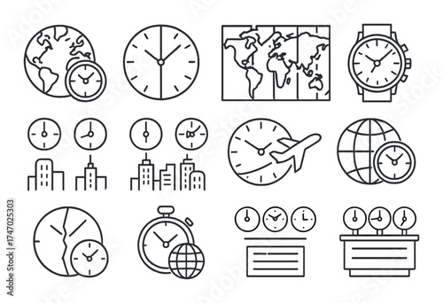 World clocks and time zones icons featuring travel and global themes