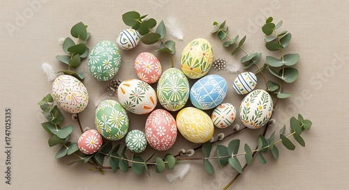 Decorated easter eggs with floral patterns and eucalyptus on beige cloth