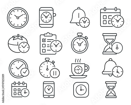 Time management icons including clock, calendar, alarm, timer, hourglass