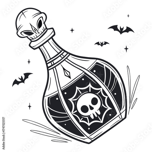 Spooky skull potion bottle with bats and stars elixir
