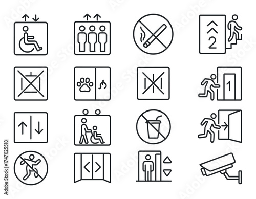 Elevator and safety sign icons: accessibility, emergency, and surveillance symbols