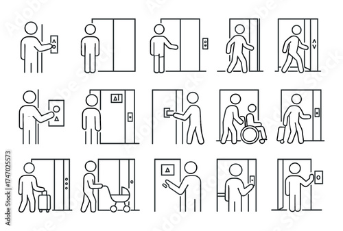 Elevator usage symbols: accessibility, direction, enter, exit, wheelchair