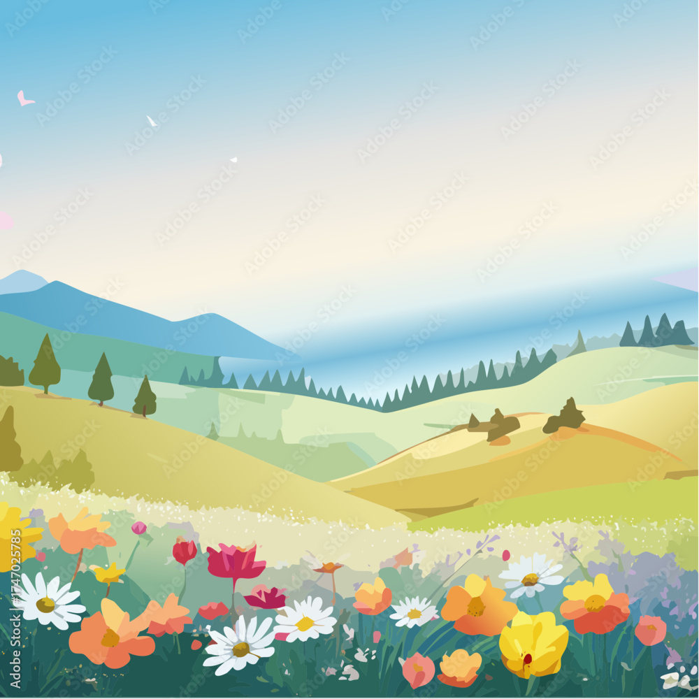 Fototapeta premium Scenic landscape with mountains, flowers, and a lake
