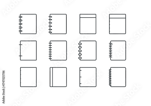 Collection of minimalist notebook icons with various binding styles