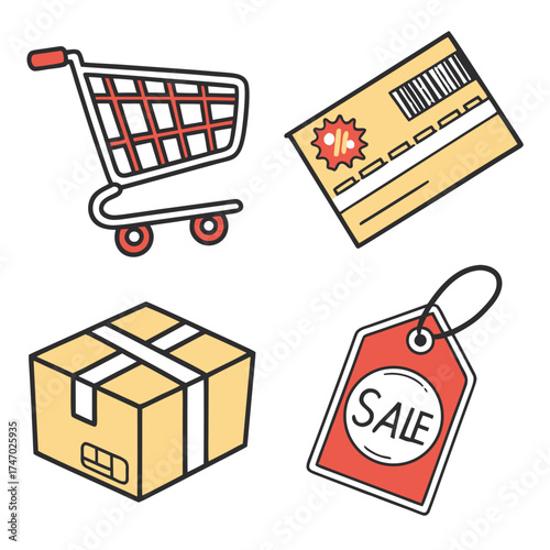 Shopping cart, credit card, package and sale tag