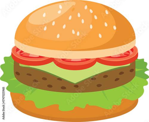 A delicious-looking hamburger with lettuce, tomato, cheese, and a sesame seed bun.
