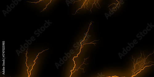 Electric lightning arcs on black background displaying powerful energy. lightning bolts branching out in night sky weather storm electricity. Golden thunder lightning bolts against a black background.