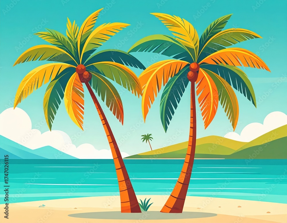 Fototapeta premium Pixelated Tropical Beach Scene with Palm Trees Ocean and Sky under Sunlight