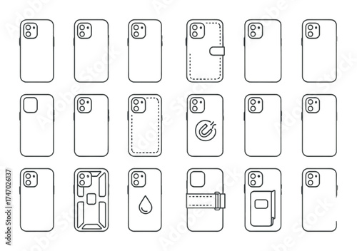 Variety of smartphone case designs displayed in a grid pattern on metallic background