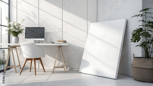 Blank white canvas on minimal white workspace in photorealistic style