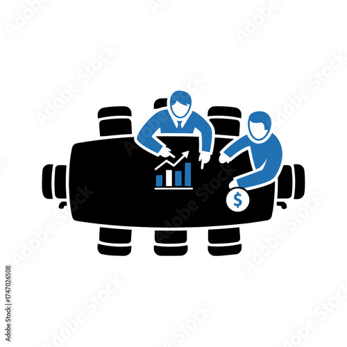 Investor meeting concept with two men discussing financial growth at a conference table on a transparent background