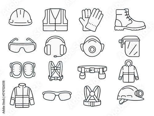 Essential safety gear: helmet, vest, gloves, boots, goggles, mask, harness icons