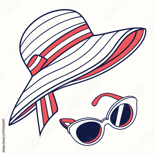 Striped beach hat and sunglasses icon summer vacation