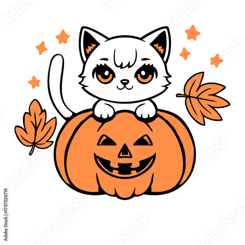 Cute Halloween Cat Kitten Sitting Pumpkin Jack-o-Lantern