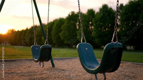 Empty Swings at Sunset - This video shows empty swings on a playground bathed in the warm light of a setting sun.