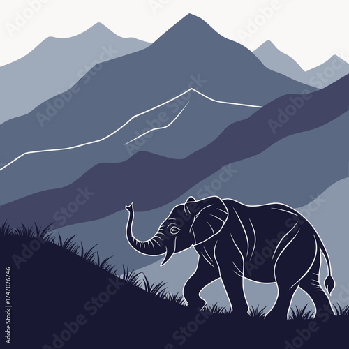 Stylized elephant walking on grassy hill against blue mountain range
