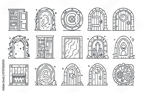 Collection of 16 unique fantasy doodle doors with various designs and mystical elements