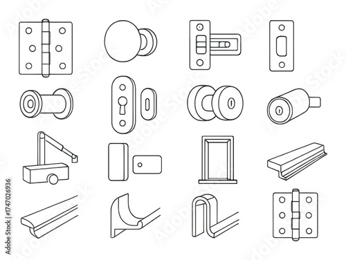 Vectorized door hardware icons: hinges, knobs, locks, closers, and stops