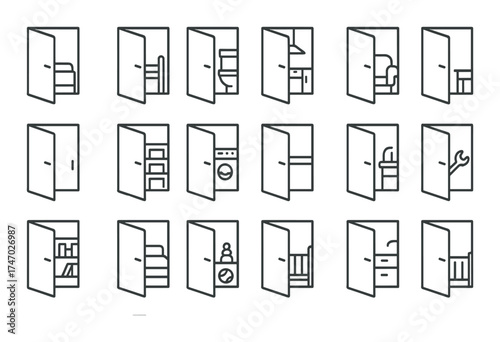 Open doors with furniture and appliances illustrations on dark background