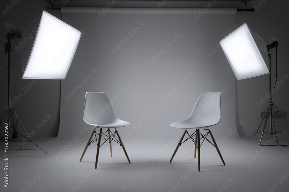 Fototapeta premium Two modern chairs positioned in a minimalistic studio setting with professional lighting equipment