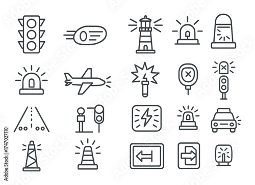 Traffic and emergency icons set: signals, signs, and warning symbols