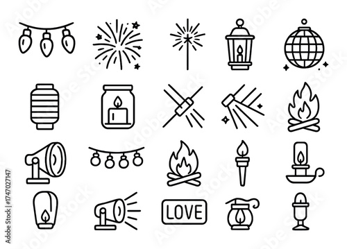 Vector pattern of holiday lanterns and fireworks symbols on dark background