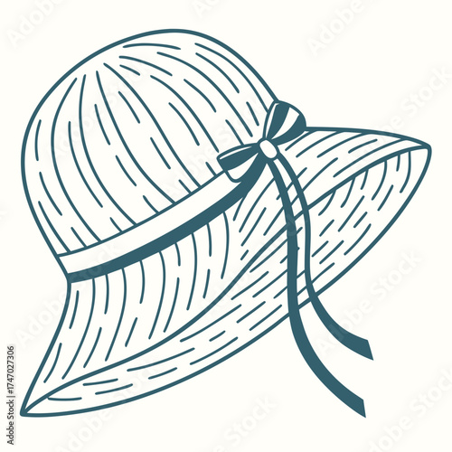 Teal line art sun hat with straw texture and bow straw hat
