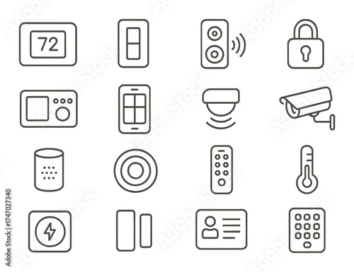 Smart home icon set featuring thermostat, security, and remote control devices