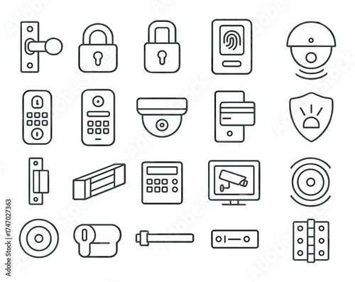 Security system icons: cameras, locks, alarms, keypads, sensors for protection