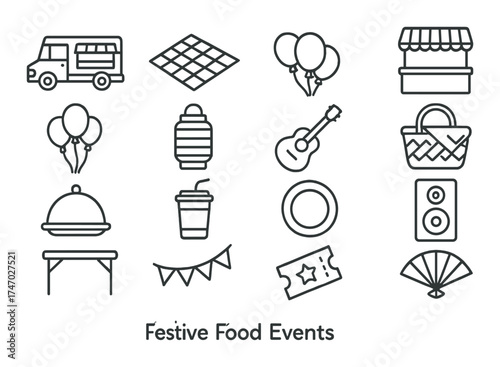 Icons of festive food events: music, balloons, vendors, and more