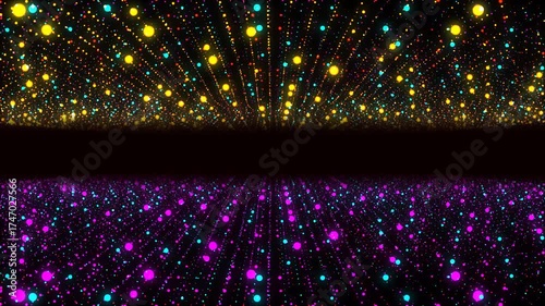 Animated Neon Frame Background with Colorful Moving Glowing Particles, Molecules, and Energy Intertwining in Cosmic Space, Creating an Information Network, 4K Intro for Presentations, Tech, Business