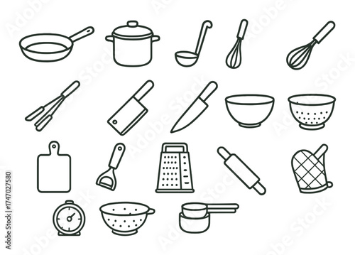Collection of kitchen utensil icons on olive green background