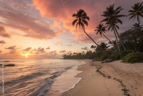 Tropical Beach at Sunset with Soft Waves Glowing