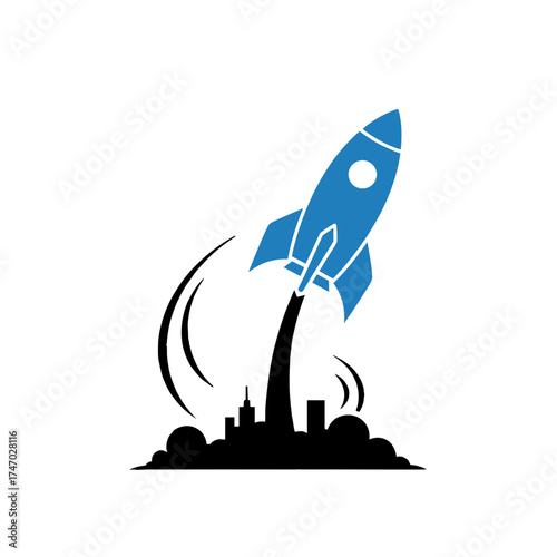 Business launch concept with a blue rocket taking off behind a city skyline on a transparent background