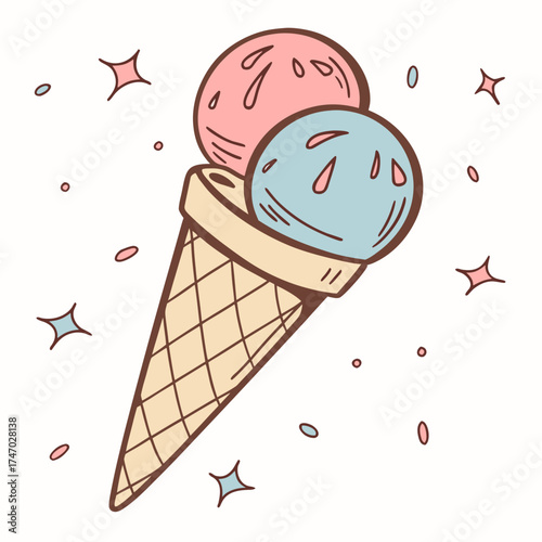 Two scoop ice cream cone with stars and dots two scoops