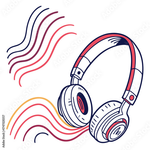 White headphones with colorful sound wave trails audio