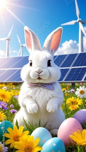 Wallpaper Mural Cute white Easter bunny in a field with solar panels and wind turbines Torontodigital.ca